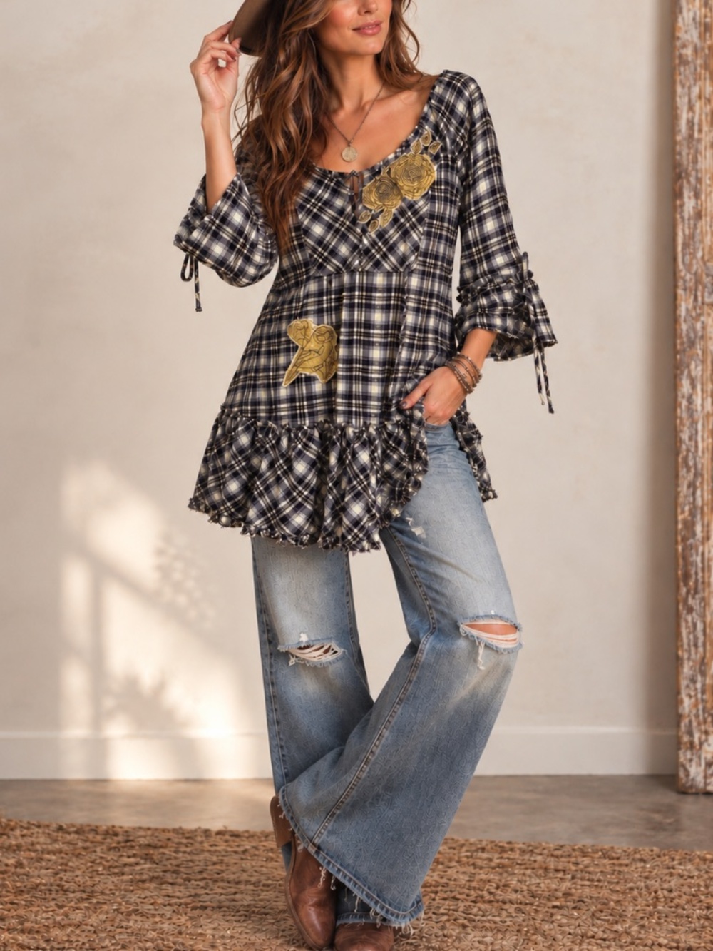 Ivy Jane Y2K Plaid Rose Applique Tunic Dress Bell Sleeve Boho Fairy Grunge Fall